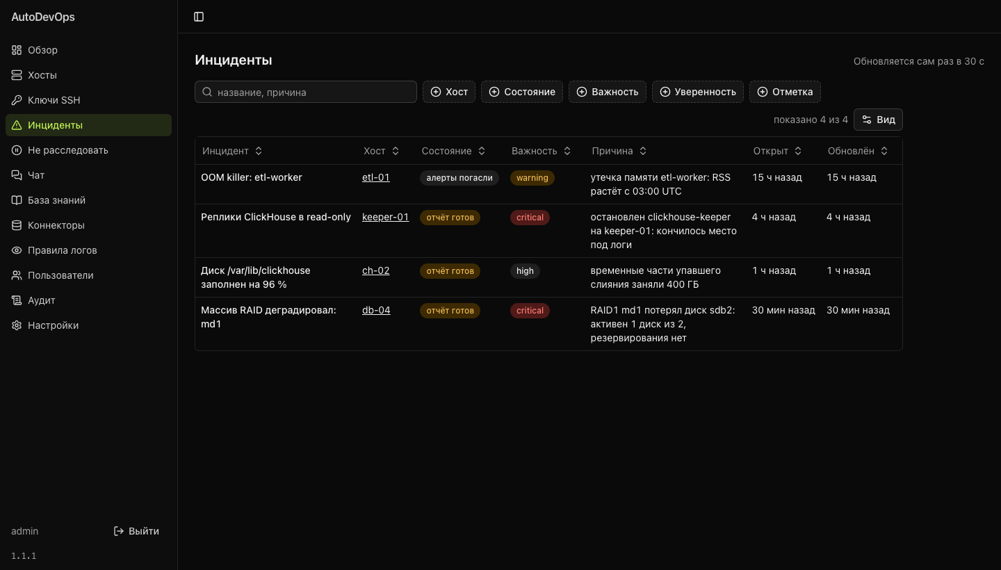 Список инцидентов AutoDevOps: причина, важность и состояние каждого